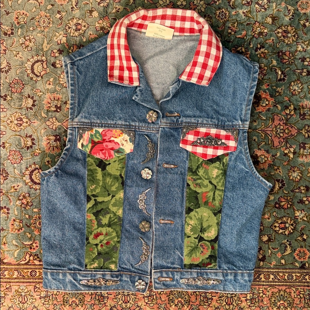 Floral Denim Vest with Hardware Accents